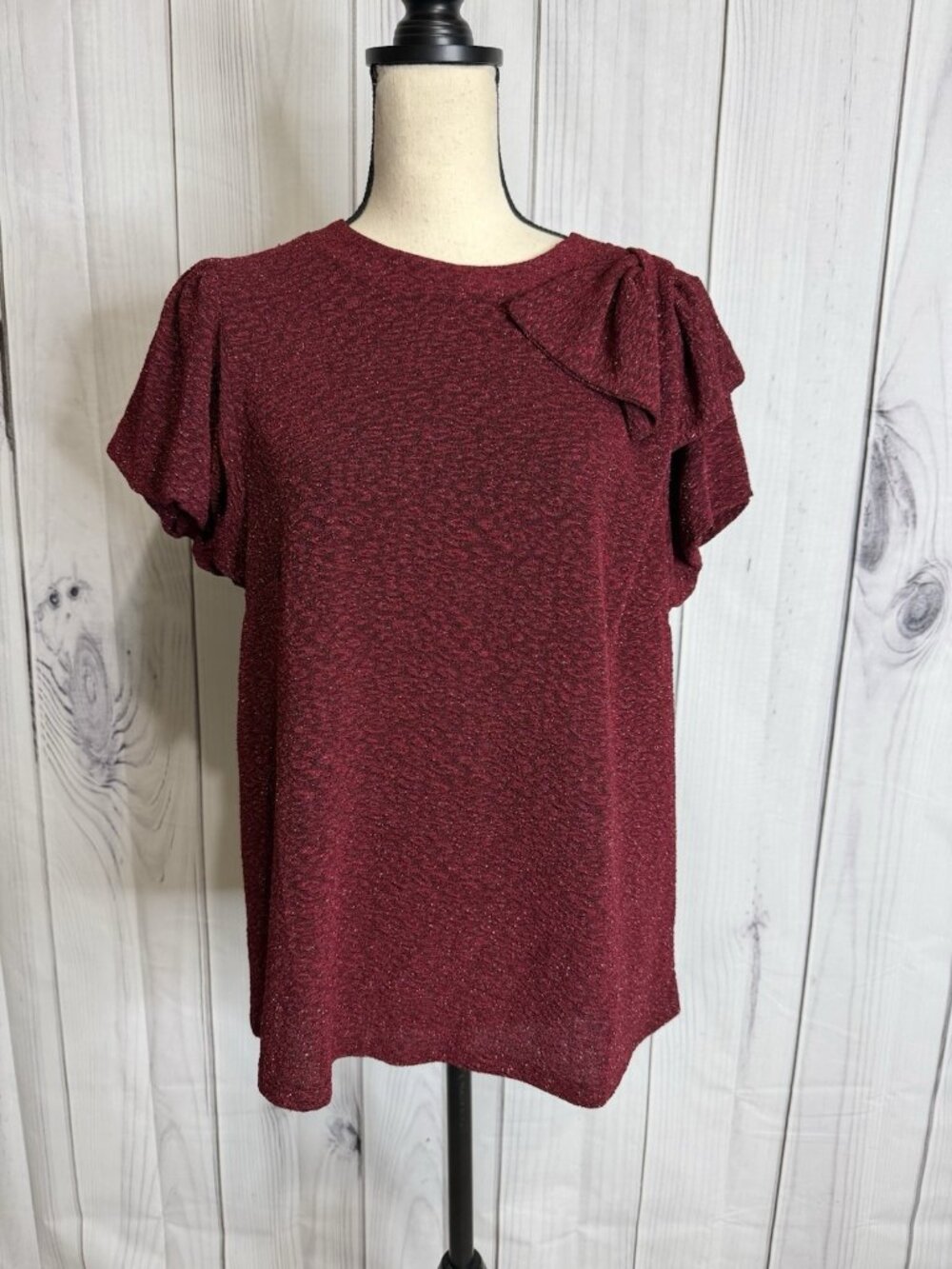 NWT Voy Blouse Deep Red Bow Shoulder Bubble Short Sleeve Sz L Textured
